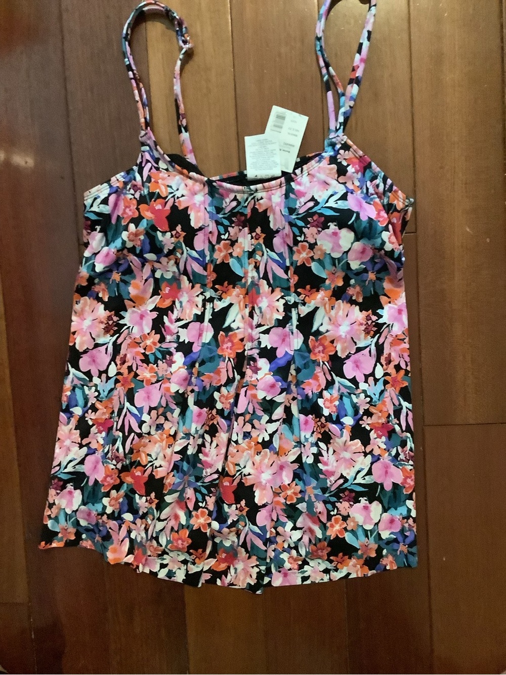 Swim Solutions Black Multi-colored Tankini top with Pink & Coral Blooms size 10